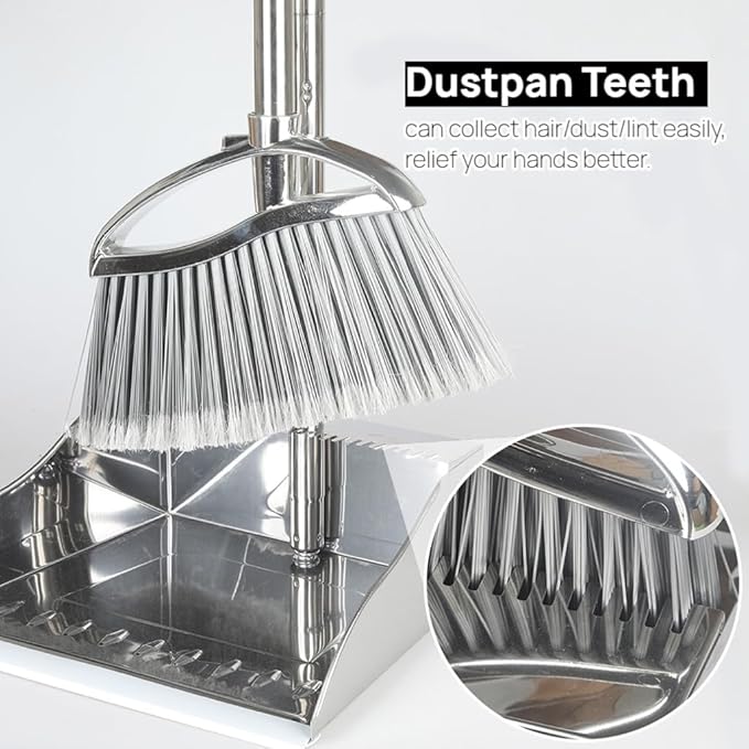 Outdoor Broom and Dustpan Comb Set,Heavy Duty Stainless Steel Metal Dust Pan with Long Handle Commercial Stiff Bristles Broom for Home Garage Garden Patio