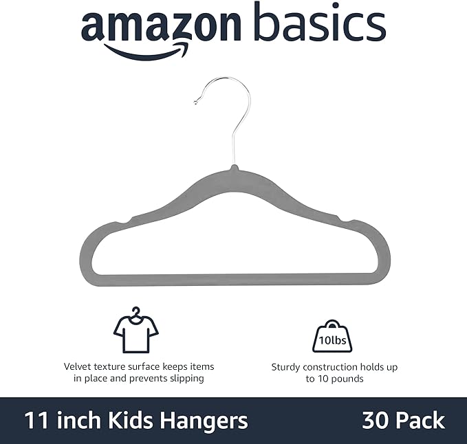Amazon Basics Kids Velvet Non-Slip Space Saving Clothes Hangers with Shoulder Notches, Sturdy Closet Organizer for Baby/Toddler, 11.6", Gray, 30-Pack
