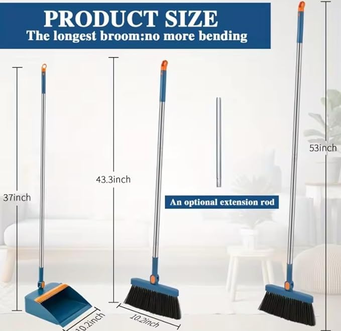 Broom and Dustpan Set, Blue, 2-Piece, 180 Degree Rotatable, Extendable Handle up to 53 Inches, 4-Layer Thick Brush, Comb Teeth, Folding Storage