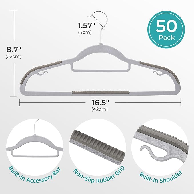 HOUSE DAY Plastic Hangers 50 Pack, Grey Plastic Clothes Hangers Non Slip with Rubber Grip, Heavy Duty Hanger with 360° Swivel Metal Hook, Ultra Thin Hangers Space Saving for Closet Organizer