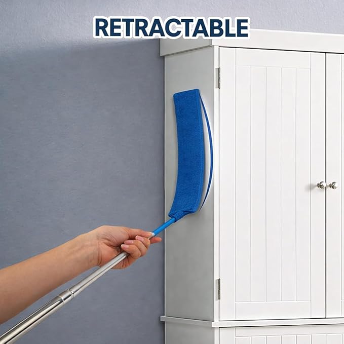 Retractable Gap Dust Cleaner with Extension Pole 30'' to 100'', Cleaning Tools with 3 Microfiber Dusting Cloths, Extendable Long Handle Duster for Cleaning Under Refrigerator Furniture Appliance Blue