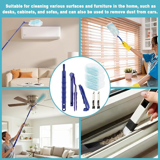 Dusters Starter Kit, 30 pcs Microfibers Duster Refills with 2 Extendable Handle and 2 Mini Crevice Cleaning Brush, Disposable Multi Surface Dusters for Cleaning Home (Color:Blue)