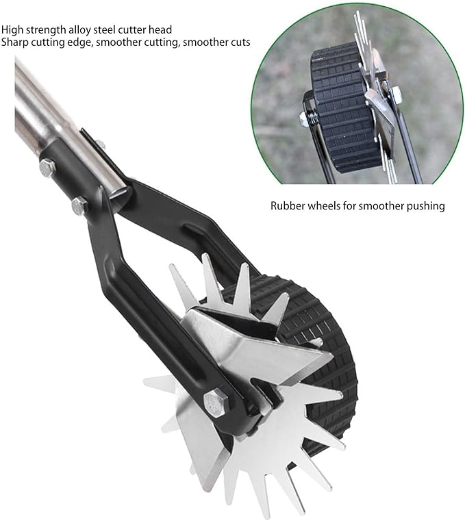 Wheeled Lawn Edger, Hand Garden Edger with Stainless Steel Handle, 26x4.5x15cm, Paint Coated Serrated Blade, for Overgrown Weeds (4 Sections)