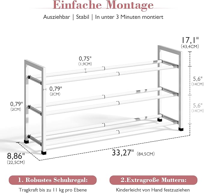 Bumusty 3-Tier Expandable Shoe Rack for Closet, 18“-33” Adjustable Shoe Rack for Small Space, Small Shoe Organizer for Front Door, Sturdy Metal, White