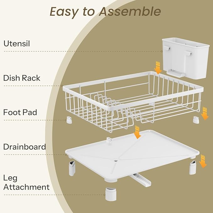 SNTD Dish Drying Rack - Small Dish Rack for Kitchen Counter, Stainless Steel Dish Drainer with Utensil Holder and Drainboard, 11" W x 15" L (White)