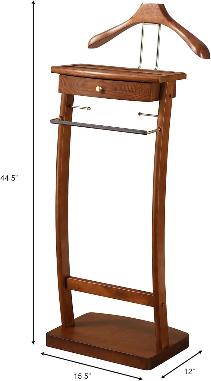 Proman Products Kingsman Suit Valet Stand VL37074 with Drawer, Top Tray, Contour Hanger, Trouser Bar, Tie & Belt Hooks and Shoe Rack, 15.5" W x 12" D x 44.5" H, Walnut