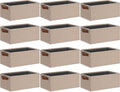 GhvyenntteS Small Fabric Storage Bins 12 Pack, 11.8" x 7.87" x 5.11" Storage Basket with Leather Handles, Closet Storage Bins for Shelves, Storage Baskets for Shelves, DVD Storage (Beige Yellow)