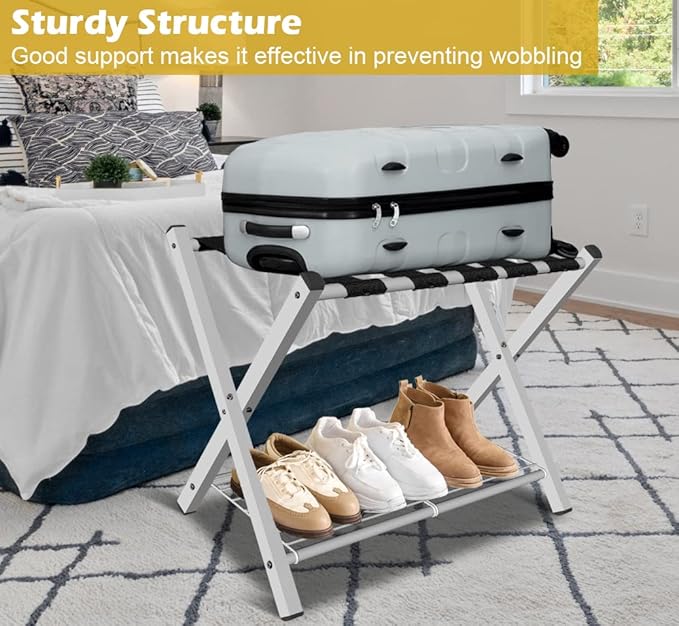 mocomax 1 Pack Folding Luggage Rack for Guest Room, Foldable Suitcase Stand Holder with Metal Storage Shelf for Bedroom, Living Room, Hotel Essentials, Heavy Duty Steel Frame, White