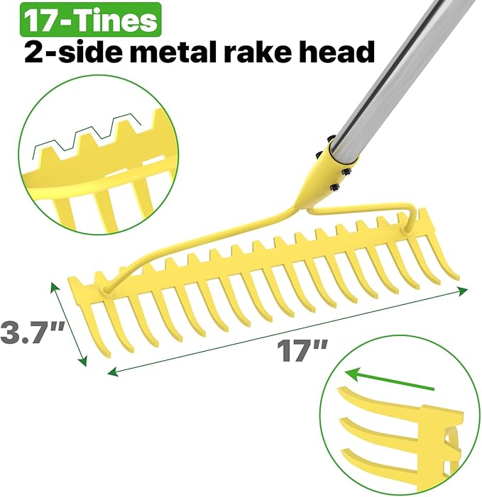 Garden Rakes for Lawns Heavy Duty, 6 FT Bow Rake for Leaves, 17-Tines Metal Rake with Stainless Steel Handle for Yard Leveling, Landscape, Loosening Soil, Yellow