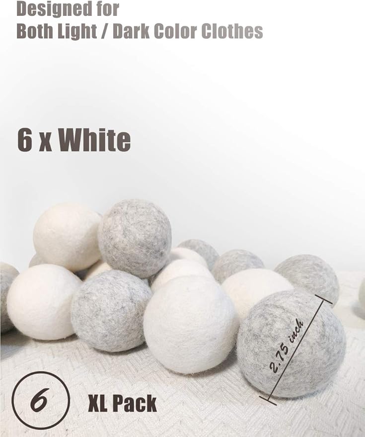 Wool Dryer Balls 6 Pack XL, Organic Natural Wool for Laundry, Fabric Softening - Anti Static, Baby Safe, No Lint, Odorless and Reusable White