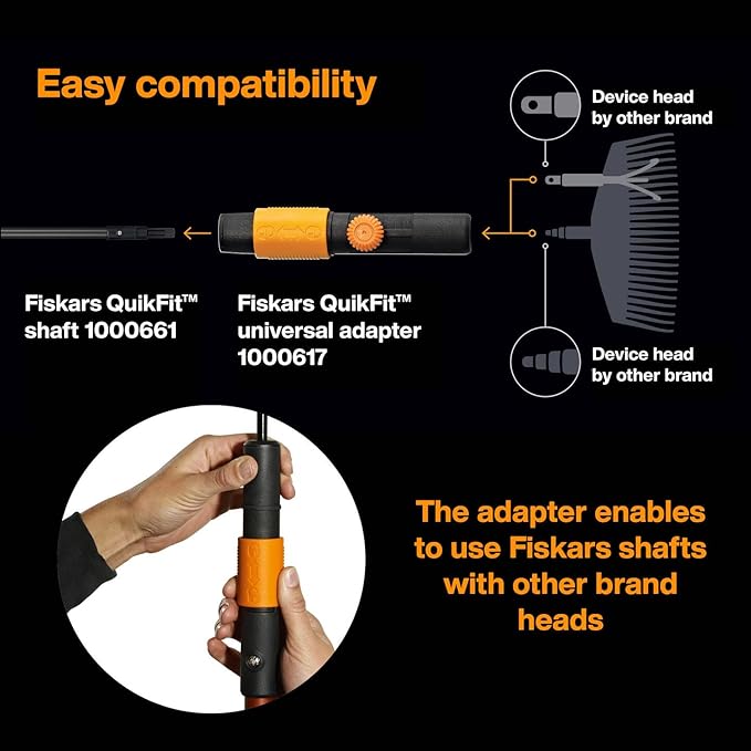 Original Fiskars Universal Adapter for the Use of All Garden Tool Heads to Combine a QuikFit Handle with Tool Heads from Other Manufacturers, Length: 17 cm, Plastic, Black/Orange, QuikFit, 1000617