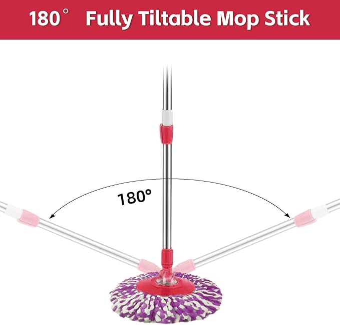 Spin Mop Replacement Handle, 47.6-inch 360 Degrees Rotating Telescopic Replacement Mop Stick with a Robust Stainless Steel Disc for Spin Mop Bucket Cleaning System (Stainless Steel Disc,Red)