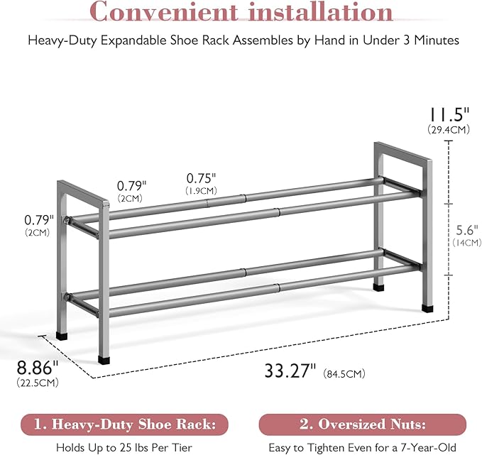 Bumusty 2 Tier Expandable Shoe Rack for Closet, 18“-33” Adjustable Shoe Rack for Small Space, Small Shoe Organizer for Front Door, Sturdy Metal, Light Grey