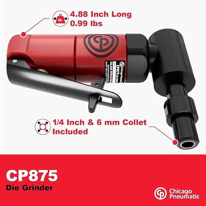 Chicago Pneumatic CP875 Kit - Air Die Grinder Tool, Welder, Woodworking, Automotive Car Detailing, Stainless Steel Polisher, Heavy Duty, Right Angle Grinder, 1/4 Inch (6 mm), 0.3 HP/ 220W - 22500 RPM