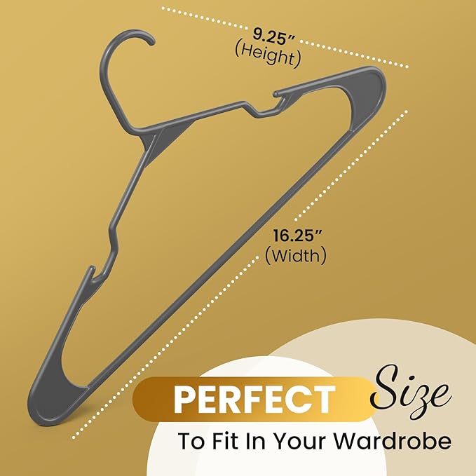 Our Modern Space 200 Pack Plastic Hanger for Shirt Pants Coats Dresses Skirts Suits Jackets - Standard Thick Coat Hanger - Sturdy & Durable Design with Shoulder Grooves Hook - Grey