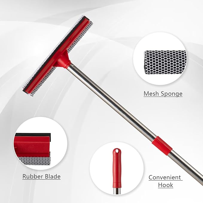 15.9" Window Squeegee for Home and Car Cleaning,2 in 1 Window Cleaner with Long Stainless Steel Handle,Sponge Car Squeegee for Gas Station, Glass,Shower,Outdoor High Window Cleaning
