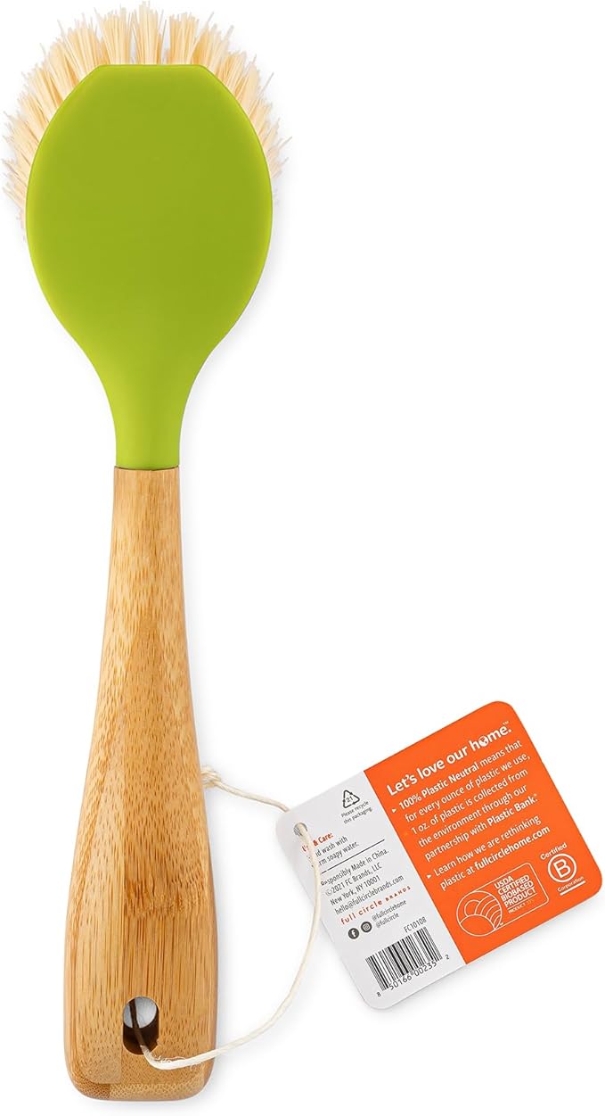 Full Circle Be Good - Bamboo Handle Dish Brush – Sustainable Kitchen Cleaning with Tough Bristles - Natural Dish Scrubber, Nonstick & Cast Iron Cleaner - Long Handle Brush for Dishes, Pots, and Pans