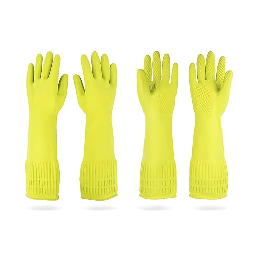 Mamison 2 Pairs Reusable Waterproof Household Dishwashing Cleaning Rubber Gloves, Non-Slip Kitchen Glove (Green, Medium (Pack of 2))