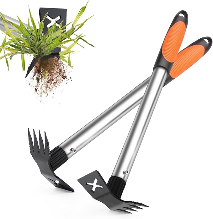 Weed Puller Tool 2 Pack, 2 in 1 Manual Weeding Rake and Garden Hoe, 17" Uprooting Weeder Remover Tool for Yard Lawn Patio and Garden, Portable Gardening Hand Tools for Veggies Flower Planting