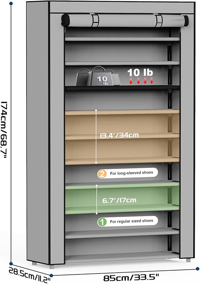 Mavivegue Shoe Rack with Cover, 10+1 Tier Tall Shoe Storage for 50-55 Pairs of Shoes, Shoe Organizer for Entryway, Closet, Garage, Grey