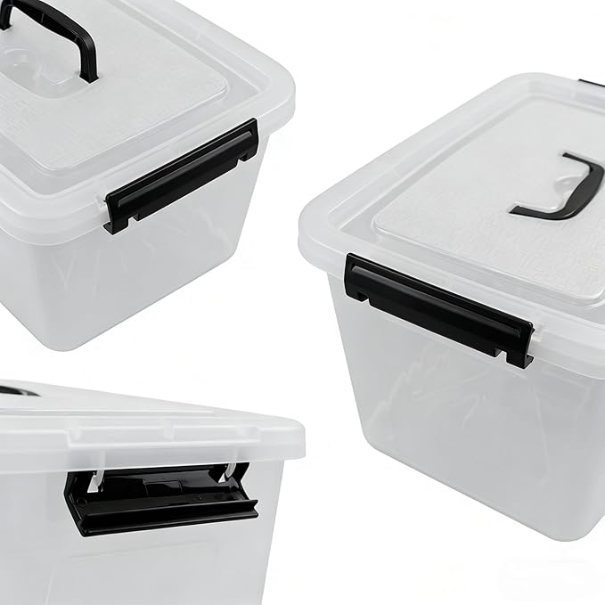 Plastic Storage Bins with Lids, 6 Pack Storage Organizer, 10 L Stackable Storage Bins with Buckle-Up Latches and Handle, Storage Totes for Home Office Pantry Organization, Clear