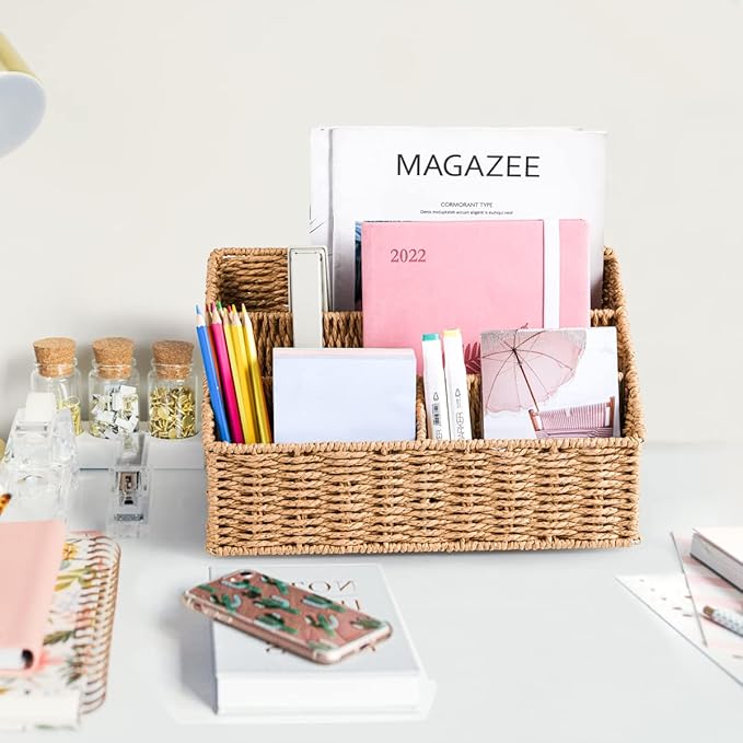Woven Mail Organizer Countertop, 12 Inch Mail Organizer Basket for Bill and Pen, Farmhouse Desk organizers and storage