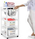 Laundry Basket Holder Shelf – Stackable Engineered Wood Laundry Tower, Tiered Hamper Organizer for Bathroom, Bedroom, Closet (White, 3 Tier)