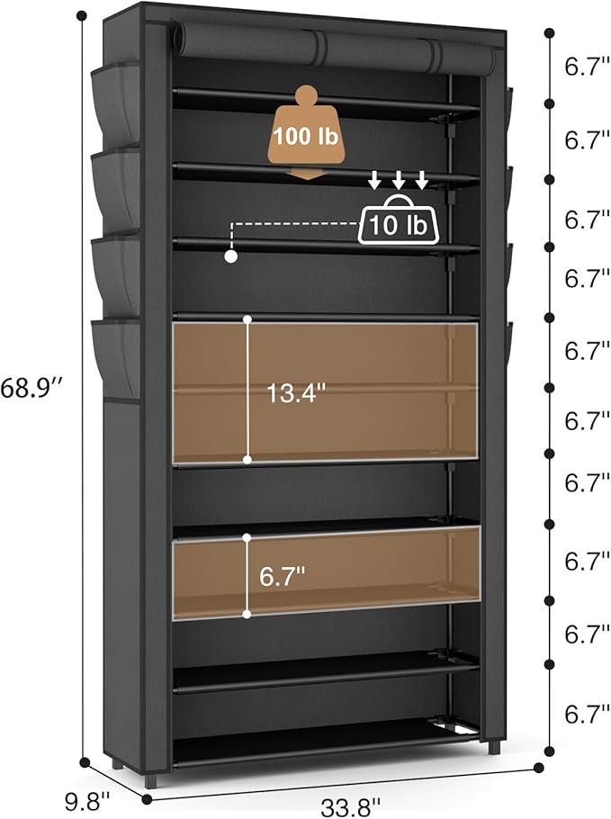 VTRIN Tall Shoe Rack with Cover, 10 Tier Shoe Organizer Storage for 50-55 Pairs Shoes and Boots Large Capacity Shoe Shelf with 8 Pockets Free Standing Shoe Rack for Closet, Entryway, Garage
