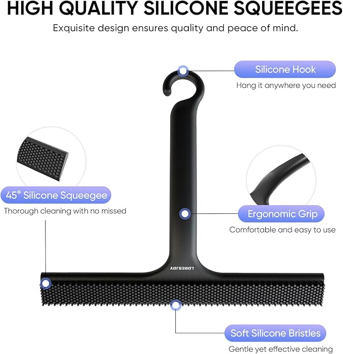 Shower Squeegee for Shower Glass Door Bathroom Accessories, Dual Head Wiper Cleans Water & Hair, Silicone Blade, Non-Slip Long Handle, Glass Window Door Wall Tile Cleaner