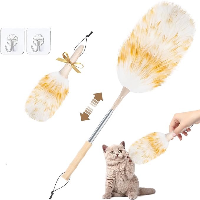 LOVECO Feather Duster for Cleaning, Extendable Lambswool Duster 29-49 Inch for Cleaning Fans, Ceiling, Includes: Sticky Hooks×2, Small Duster×1, Electrostatic Dusters Suitable for Office, Home, Car