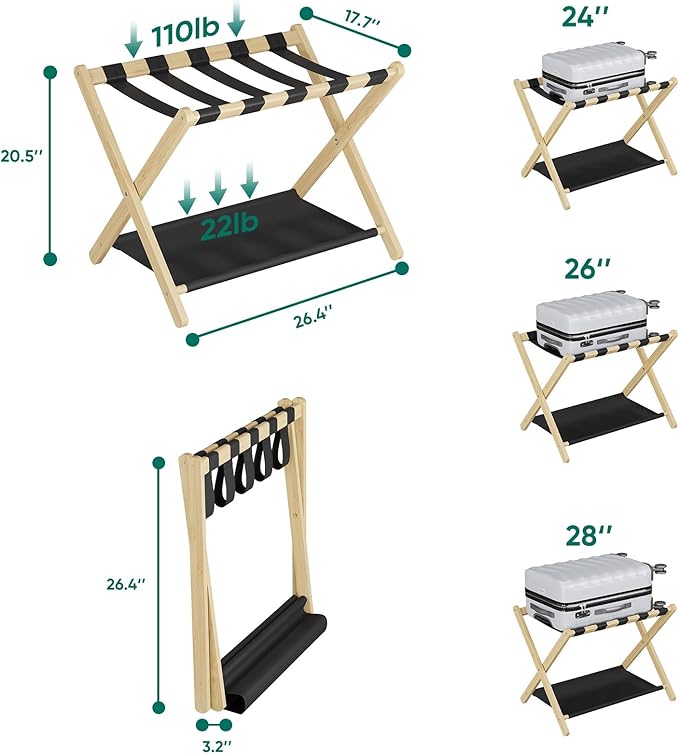 Smuxee Natural Bamboo Luggage Rack for Guest Room, Foldable Suitcase Stand with Storage Shelf, Easily Assembled Luggage Stand with 5 Nylon Straps for Guest Room Bedroom Hotel