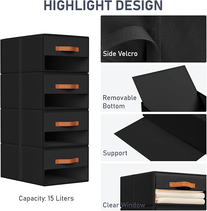 DIMJ Closet Organizers and Storage - Fabric Bins with Drawers for Closet Foldable Clothes Organizers with Clear Window, Stackable Storage Drawers Units for Bedroom, Living Room, Medium 4-Pack, Black