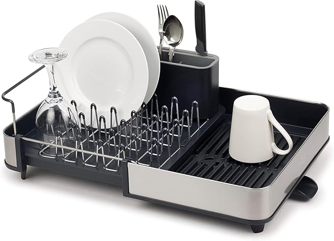 Joseph Joseph Extendable Dish Drying Rack with Dual Parts - Stainless Steel, Non-Scratch, Movable Utensil Drainer & Drainage Spout, Gray