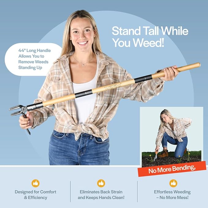 Weed Puller Tool, Stand Up Heavy Duty Weed Remover Tool with Long Handle , Foot Platform Design - 4 Claw Steel Head Weeder Tool, Bamboo Garden Hand Weeding Tool, Smoothly Remove Weeds Without Kneeling