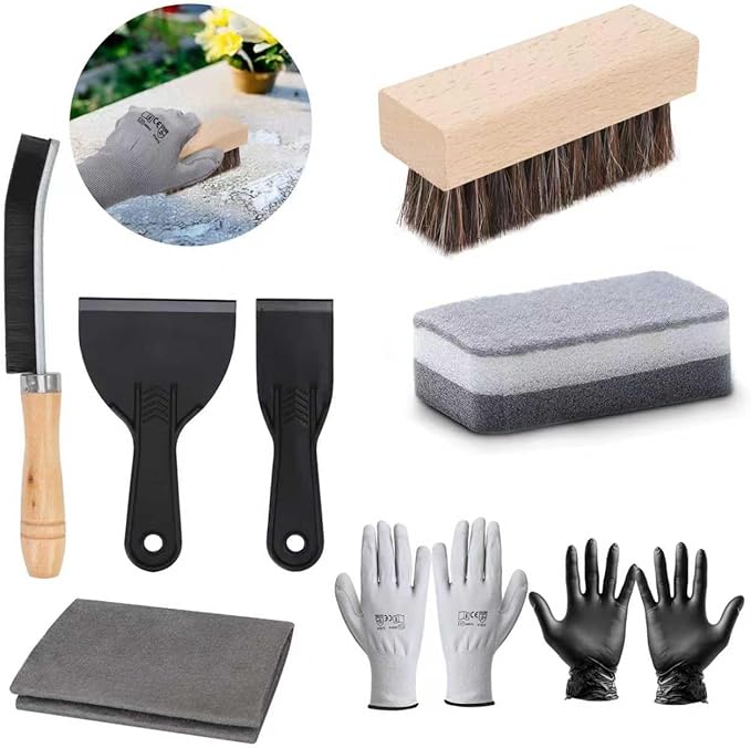 10 Pcs Headstone Cleaner Kit for Grave Cleaning Granite and Stone Daily Cleaner Includes Cloth Bristle Crevice Brush Scrub Brush Cleaning Sponge Disposable & Labor Protection Gloves Plastic Scraper