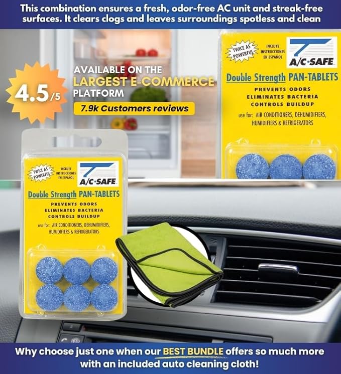 AC-Safe Air Conditioner Pan Cleaner Tablets 6 ct Bundle with Microfiber Auto Cleaning Cloth – Non-Toxic AC Drain Pan & Condensate Line Cleaner - Eliminates Odors for AC and Humidifiers - (2 items)