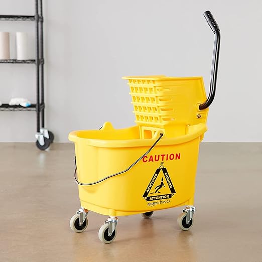 Amazon Basics Commercial Side Press Wringer Floor Cleaning Mop Bucket on Wheels, 35-Quart, Yellow