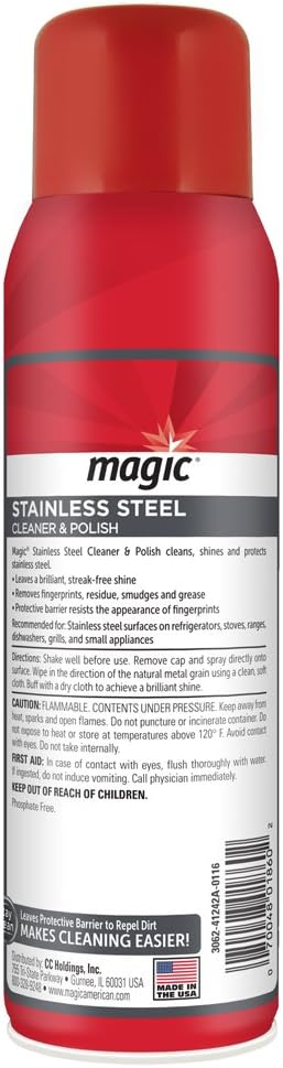 Magic Stainless Steel Cleaner Aerosol - 17 Ounce - Removes Fingerprints Residue Water Marks and Grease From Appliances - Refrigerator Dishwasher Oven Grill etc