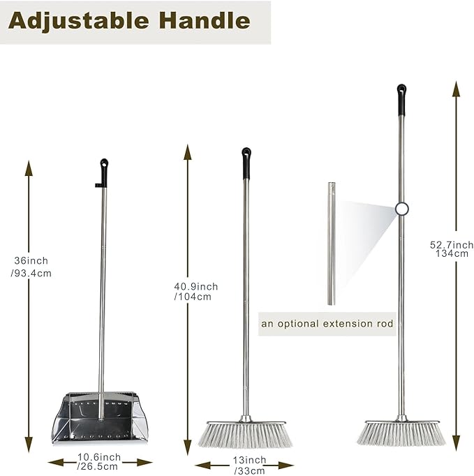 Metal Dustpan with Broom Set, Long Handle Stainless Steel Dustpan,Heavy Duty Standing Dust Pan with Teeth, Indoor Outdoor Up for Home Kitchen Lobby Room Office