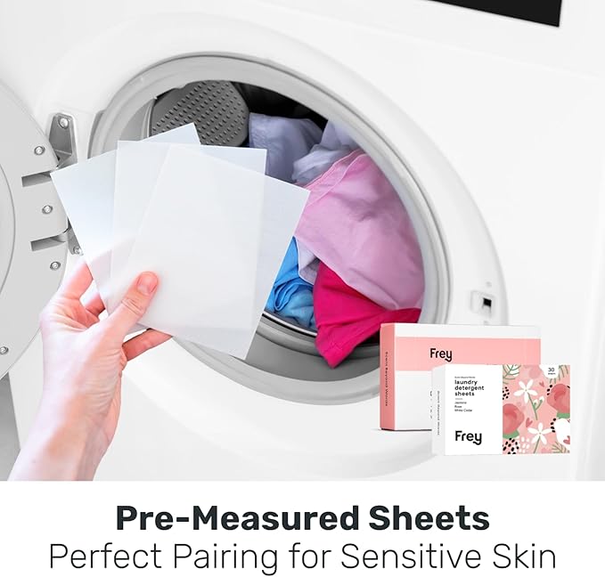 FREY Laundry Detergent & Dryer Sheets Bundle | 60 Count | Plastic Free | Liquidless Full Wash Solution | Soft Fresh Clothes (Jasmine Meadow)