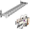 Hanging Wall Mount knife Wall Mount, Kitchen Organizer Storage Shelf for Utensils Spatula Spoon, Space-Saving Knife Rack with Hooks,Wall-Mounted Utensil Holder (Silver, 40CM+Three Poles+6Hooks)