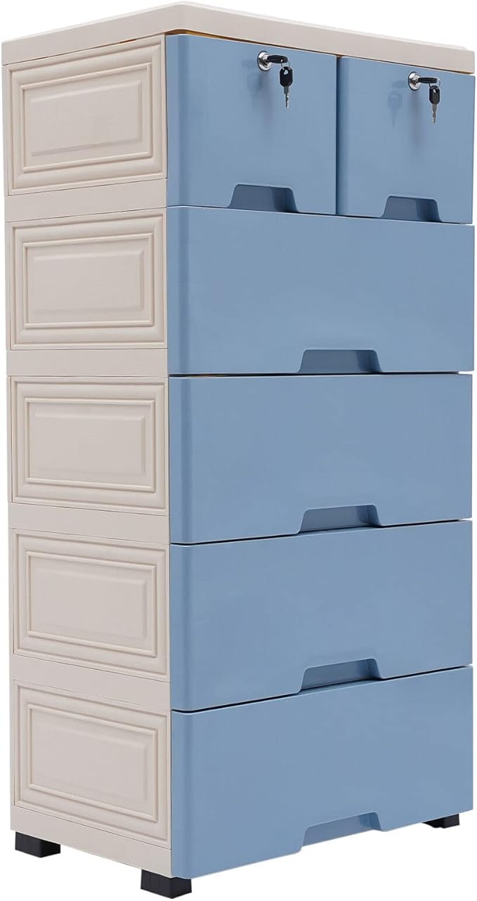 6 Drawer Storage Drawer, Clothes Organizer Tower Cabinet, Plastic Drawers Dresser Storage Cabinet with 4 Wheels for Home Office Bedroom, Blue