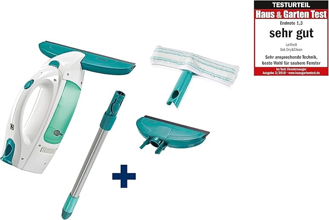 Leifheit Dry & Clean Window Vacuum Cleaner Set with 43cm Handle and Washers, Window Cleaning Kit up to 35 Minutes of Power, Electric Window Cleaner