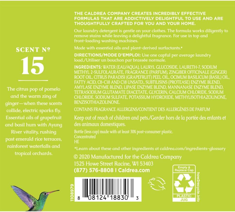 Caldrea Liquid Laundry Detergent, Effective for all Fabrics And all Temperatures, Ginger Pomelo Scent, 64 Oz