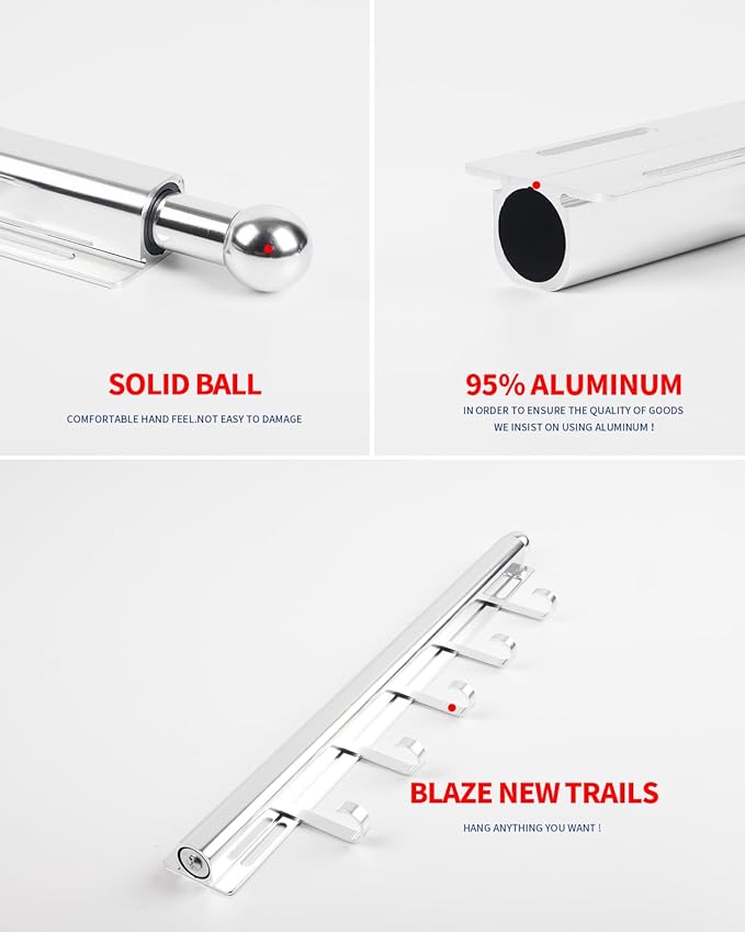 BaiNong 16.5 inch Valet Rod for Closets Pull Out Closet Valet Rod Slide Out Extra Long Silvery Valet Rods for Closets With 6 Hooks
