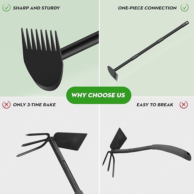 Hoe Garden Tool, 2-in-1 Garden Hoe with Heavy Duty Metal Hoe, 17-60 Inch Garden Hand Tiller with Long Handle for Gardening, Weeding, Lossening, Tilling, Black