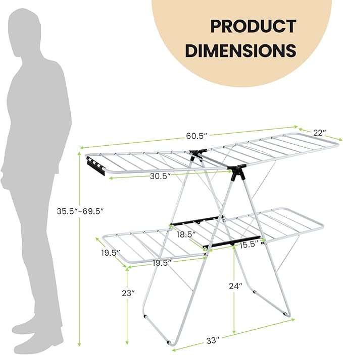 COSTWAY Clothes Drying Rack, Foldable 2 Tier Clothing Rack with Height-Adjustable Wings, 33 Drying Rails & Sock Clips, Portable Space Saving Laundry Drying Rack for Apartment, RV, Indoor & Outdoor Use