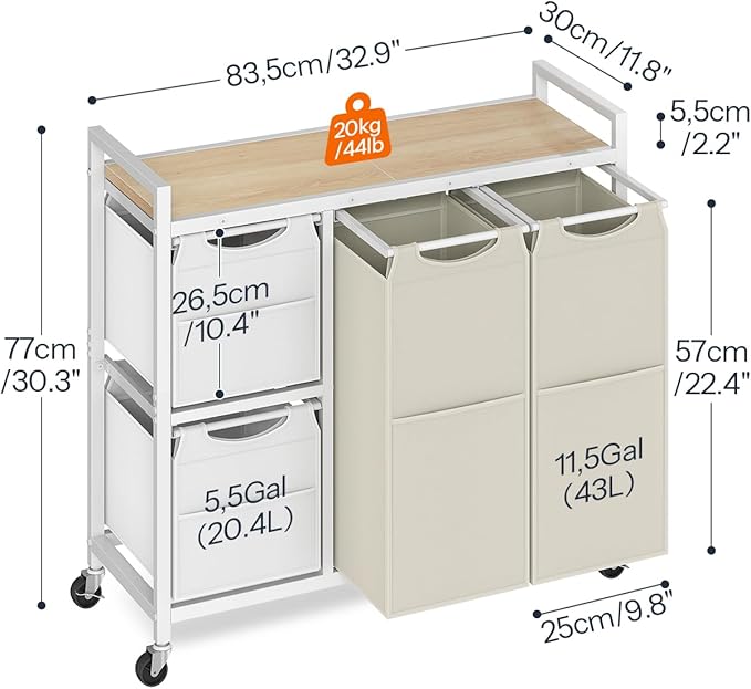 HOOBRO Laundry Sorter with 4 Section, 39 Gal. (147 L) Laundry Hamper with Wheels, Rolling Laundry Basket with Shelf, Pull-Out Detachable Bags, Side Pockets, Rustic Brown, Black and Beige BFE14XY01N1