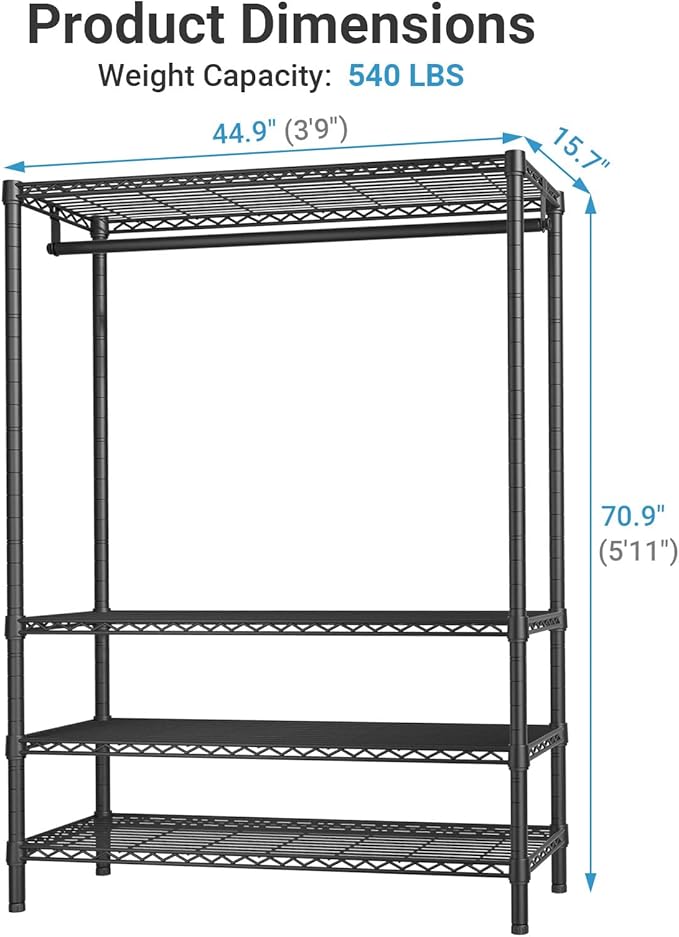 VIPEK V1 Plus Heavy Duty Clothes Rack with Shelves - 4 Tiers Adjustable Height | Holds Up to 540lbs | Perfect for Small Spaces, Apartments | Compact Design for Flexible Storage, Black