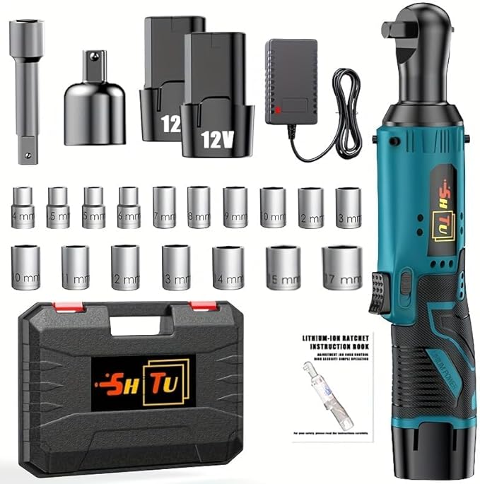 12V Wireless Ratchet Kit, Car Repair Screw and Nut Disassembly, Suitable for Home and Car Repair (2 Large Battery + Plastic Box + Accessories)